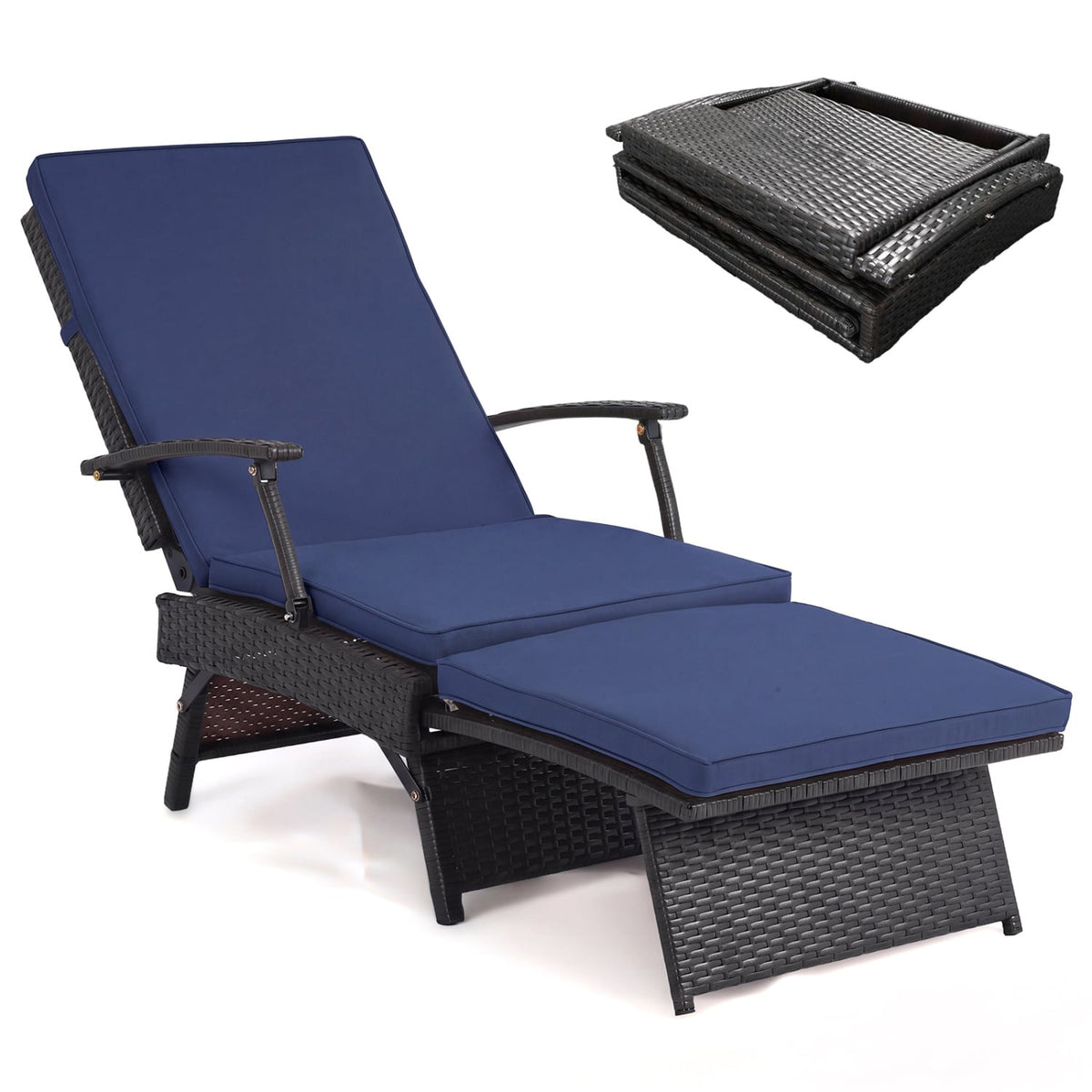 Folding Wicker Chaise Lounge with Slide-Out Ottoman11-Level Adjustable Backrest to Flat and Sun-Proof PE Rattan-Navy-Outdoor Chaise Lounges-DECOROLALA