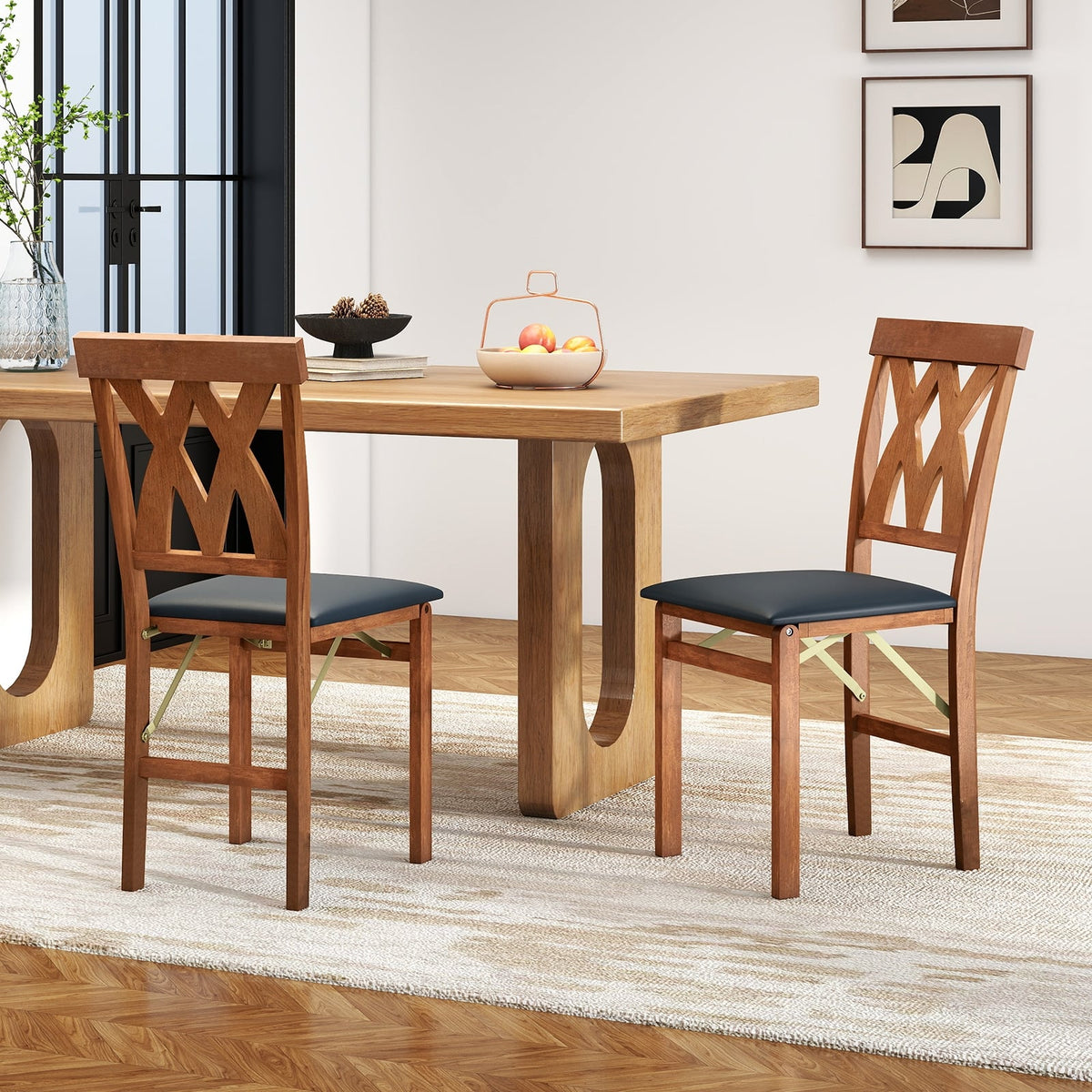 Folding Wooden Dining Chair Set of 2 Faux Leather Upholstered Kitchen Armless Chairs-Walnut-Dining Chairs-DECOROLALA