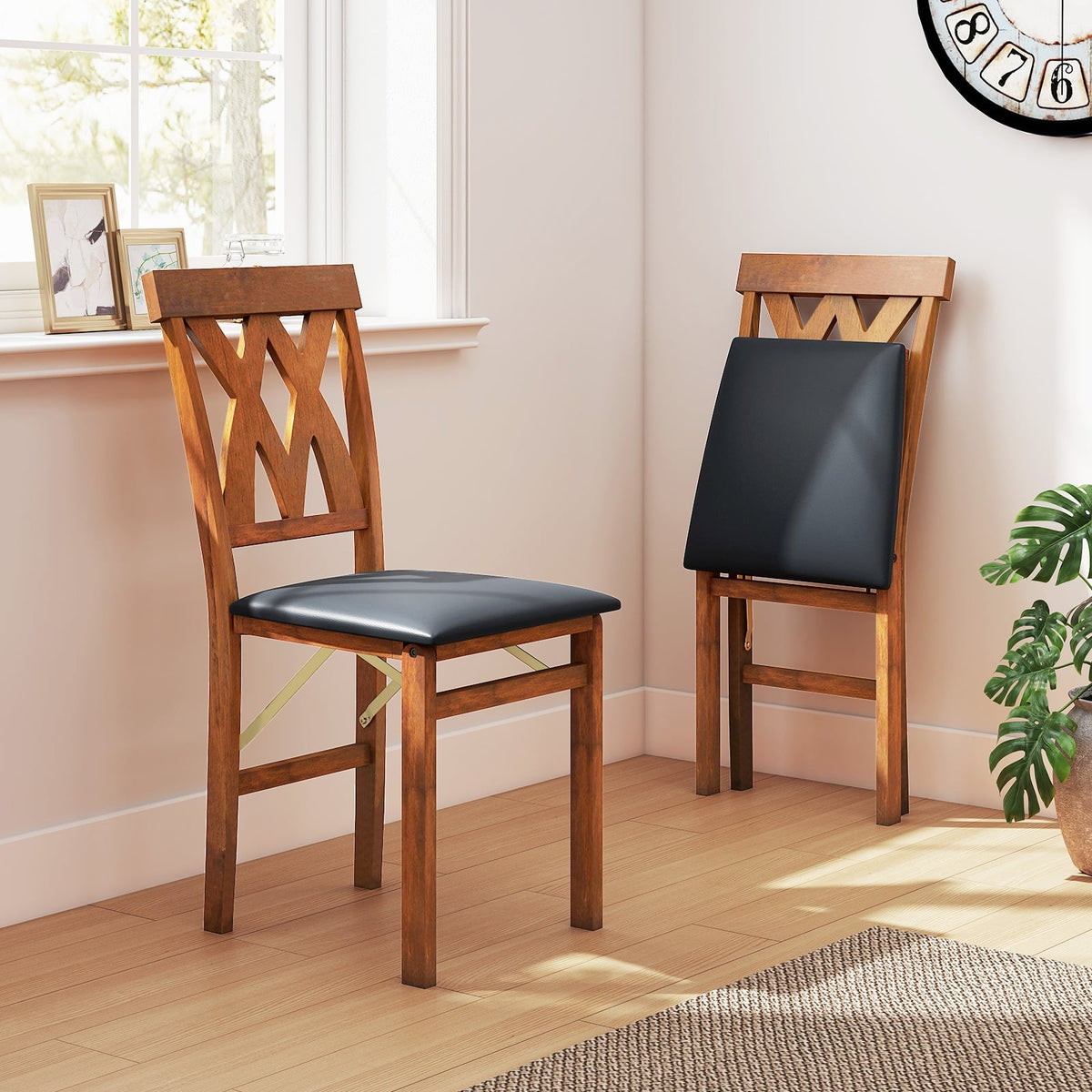 Folding Wooden Dining Chair Set of 2 Faux Leather Upholstered Kitchen Armless Chairs-Walnut-Dining Chairs-DECOROLALA