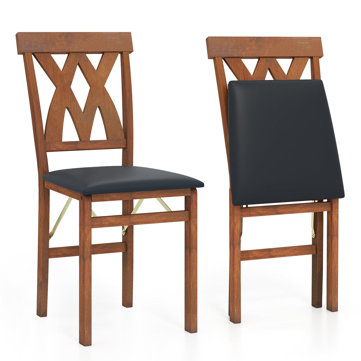 Folding Wooden Dining Chair Set of 2 Faux Leather Upholstered Kitchen Armless Chairs-Walnut-Dining Chairs-DECOROLALA