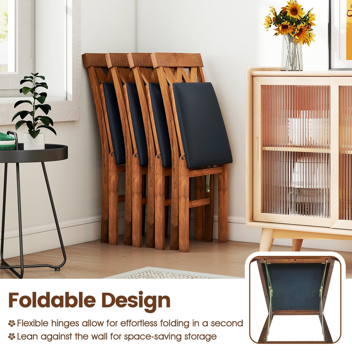 Folding Wooden Dining Chair Set of 2 Faux Leather Upholstered Kitchen Armless Chairs-Walnut-Dining Chairs-DECOROLALA