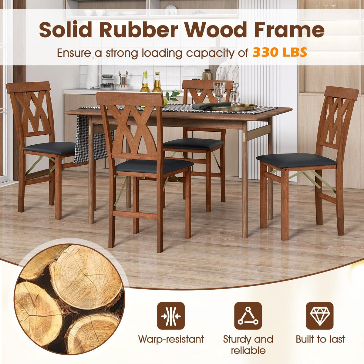 Folding Wooden Dining Chair Set of 2 Faux Leather Upholstered Kitchen Armless Chairs-Walnut-Dining Chairs-DECOROLALA