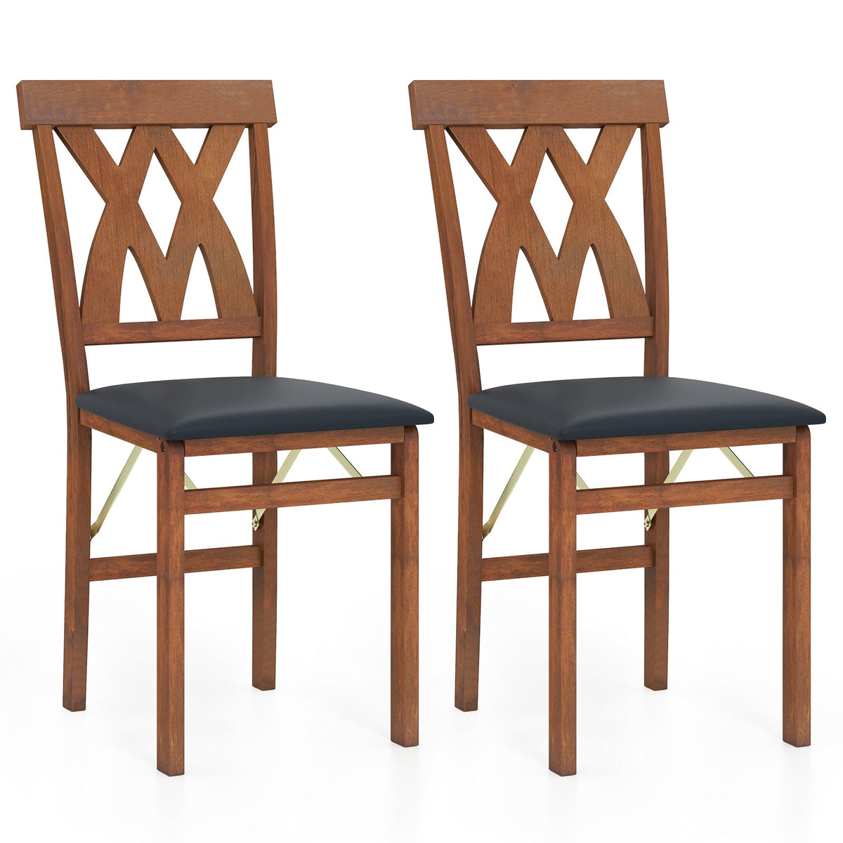Folding Wooden Dining Chair Set of 2 Faux Leather Upholstered Kitchen Armless Chairs-Walnut-Dining Chairs-DECOROLALA