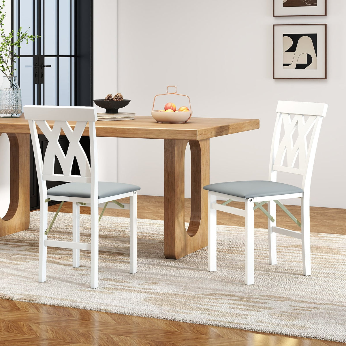 Folding Wooden Dining Chair Set of 2 Faux Leather Upholstered Kitchen Armless Chairs-White-Dining Chairs-DECOROLALA