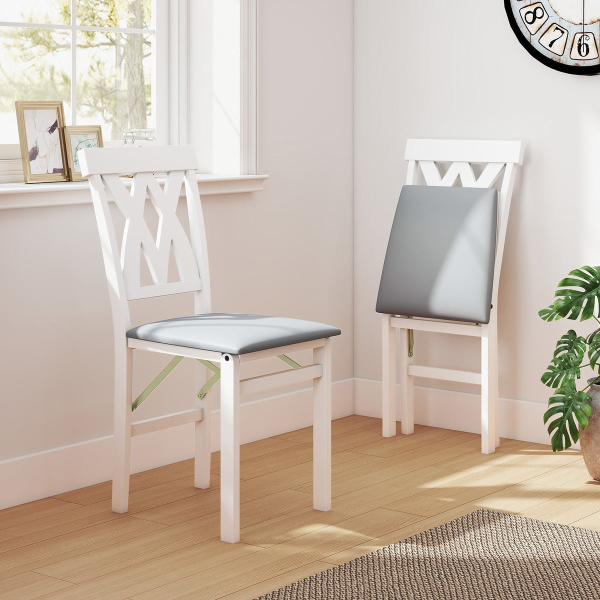 Folding Wooden Dining Chair Set of 2 Faux Leather Upholstered Kitchen Armless Chairs-White-Dining Chairs-DECOROLALA