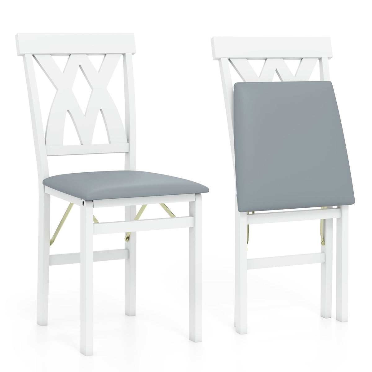 Folding Wooden Dining Chair Set of 2 Faux Leather Upholstered Kitchen Armless Chairs-White-Dining Chairs-DECOROLALA
