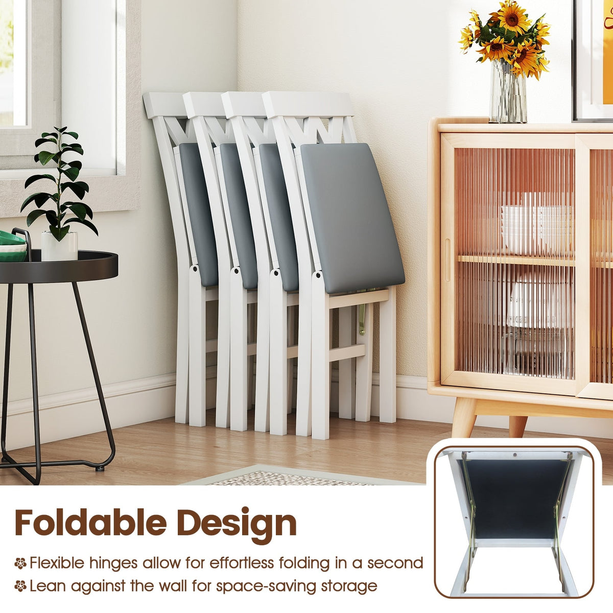 Folding Wooden Dining Chair Set of 2 Faux Leather Upholstered Kitchen Armless Chairs-White-Dining Chairs-DECOROLALA