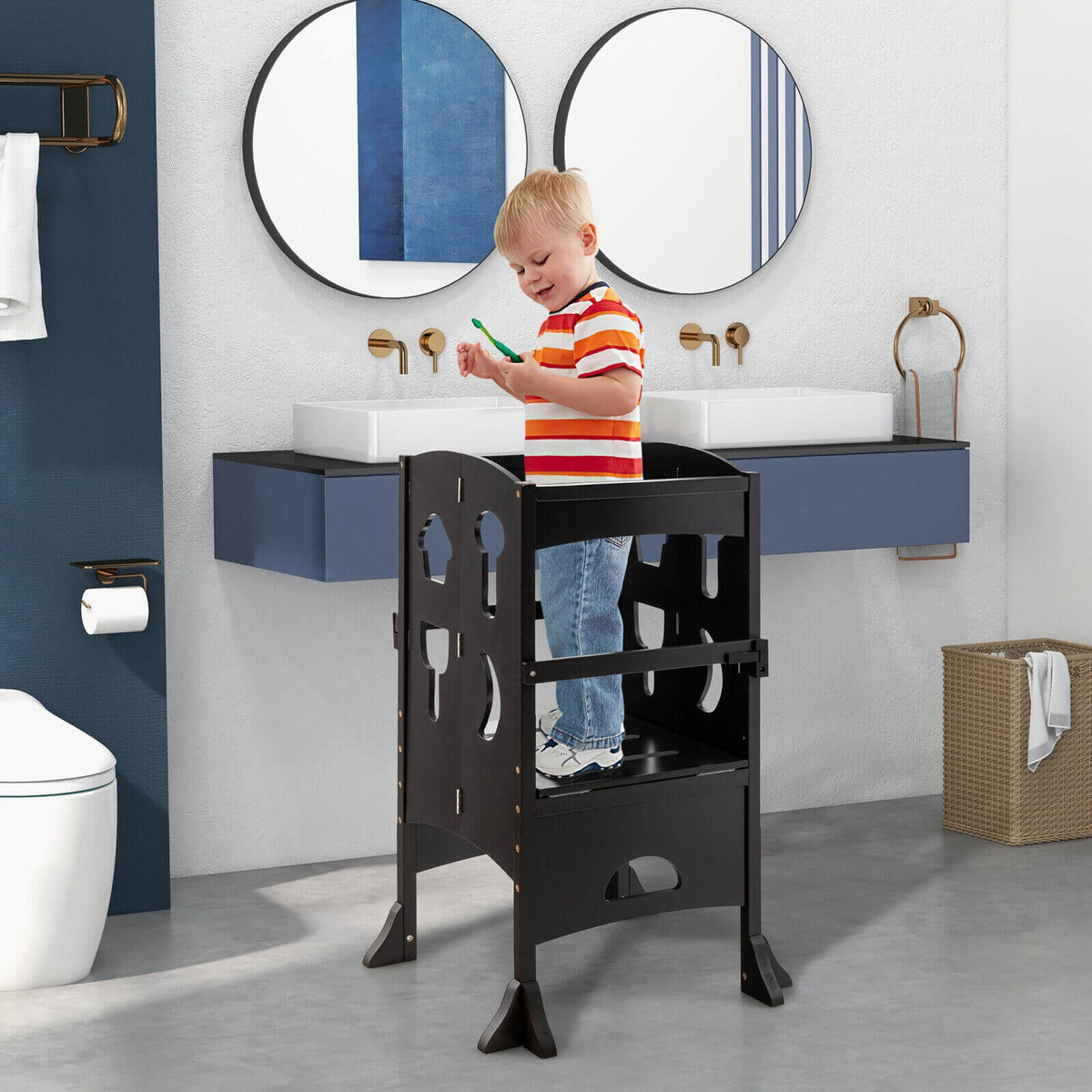 Folding Wooden Step Stool with Lockable Safety Rail for Toddler 3+-Coffee-Toddler & Kids Furniture-DECOROLALA