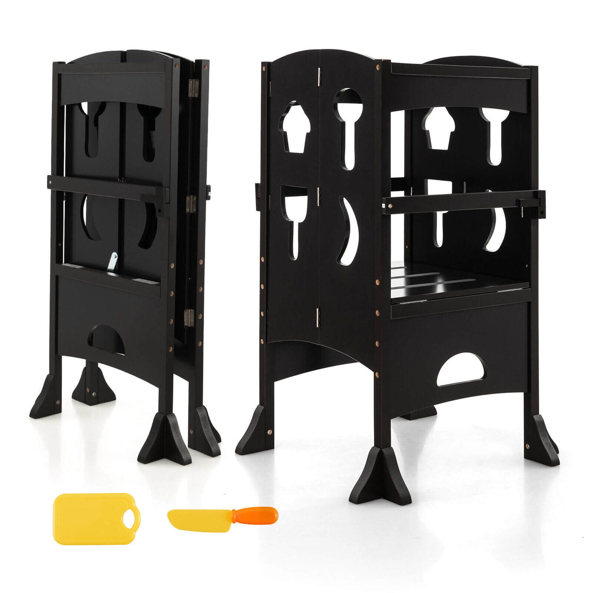 Folding Wooden Step Stool with Lockable Safety Rail for Toddler 3+-Coffee-Toddler & Kids Furniture-DECOROLALA