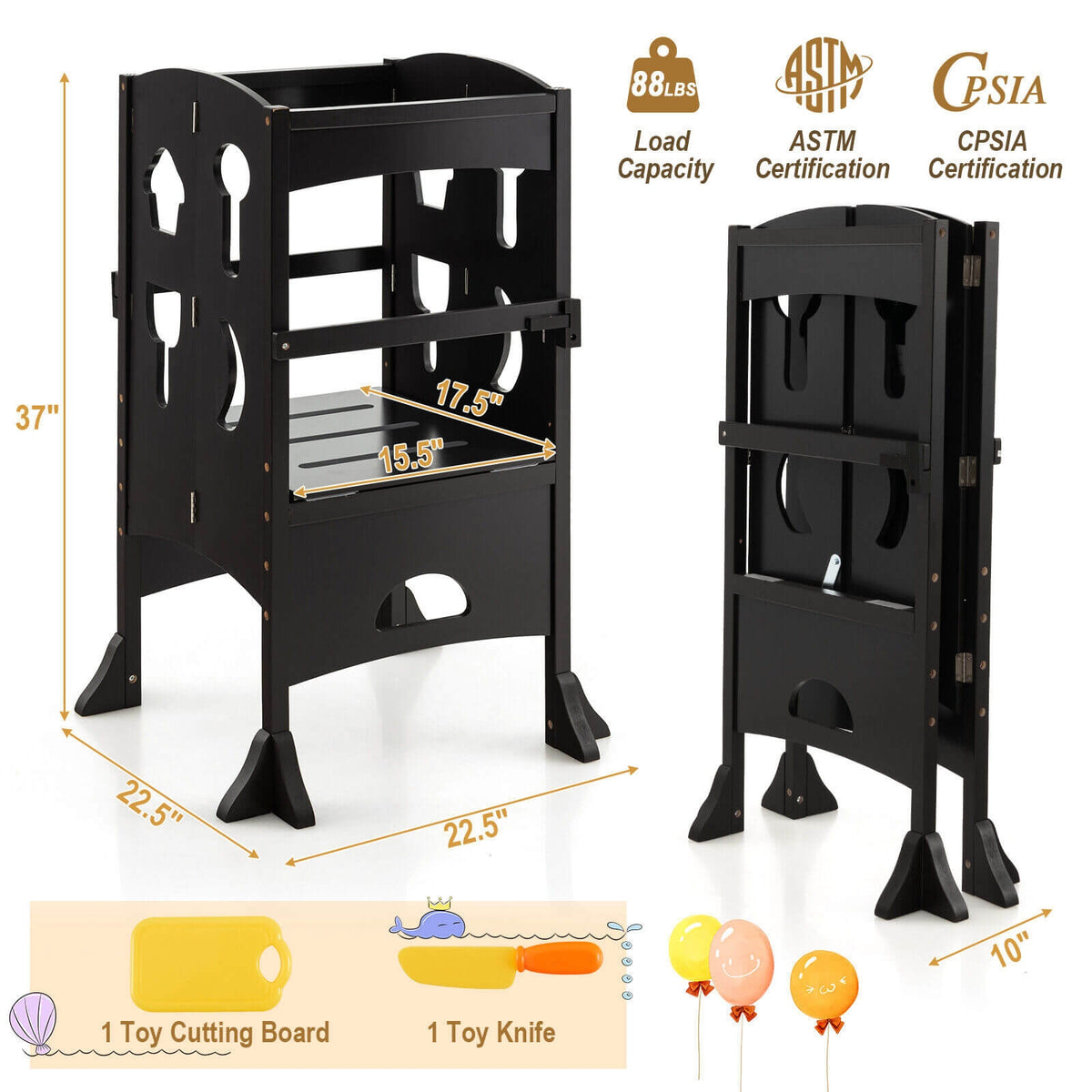 Folding Wooden Step Stool with Lockable Safety Rail for Toddler 3+-Coffee-Toddler & Kids Furniture-DECOROLALA