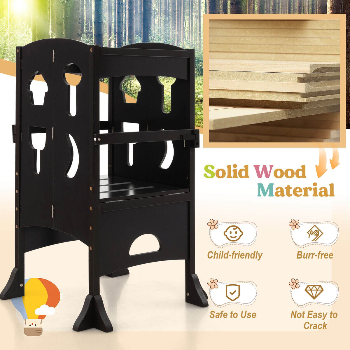 Folding Wooden Step Stool with Lockable Safety Rail for Toddler 3+-Coffee-Toddler & Kids Furniture-DECOROLALA