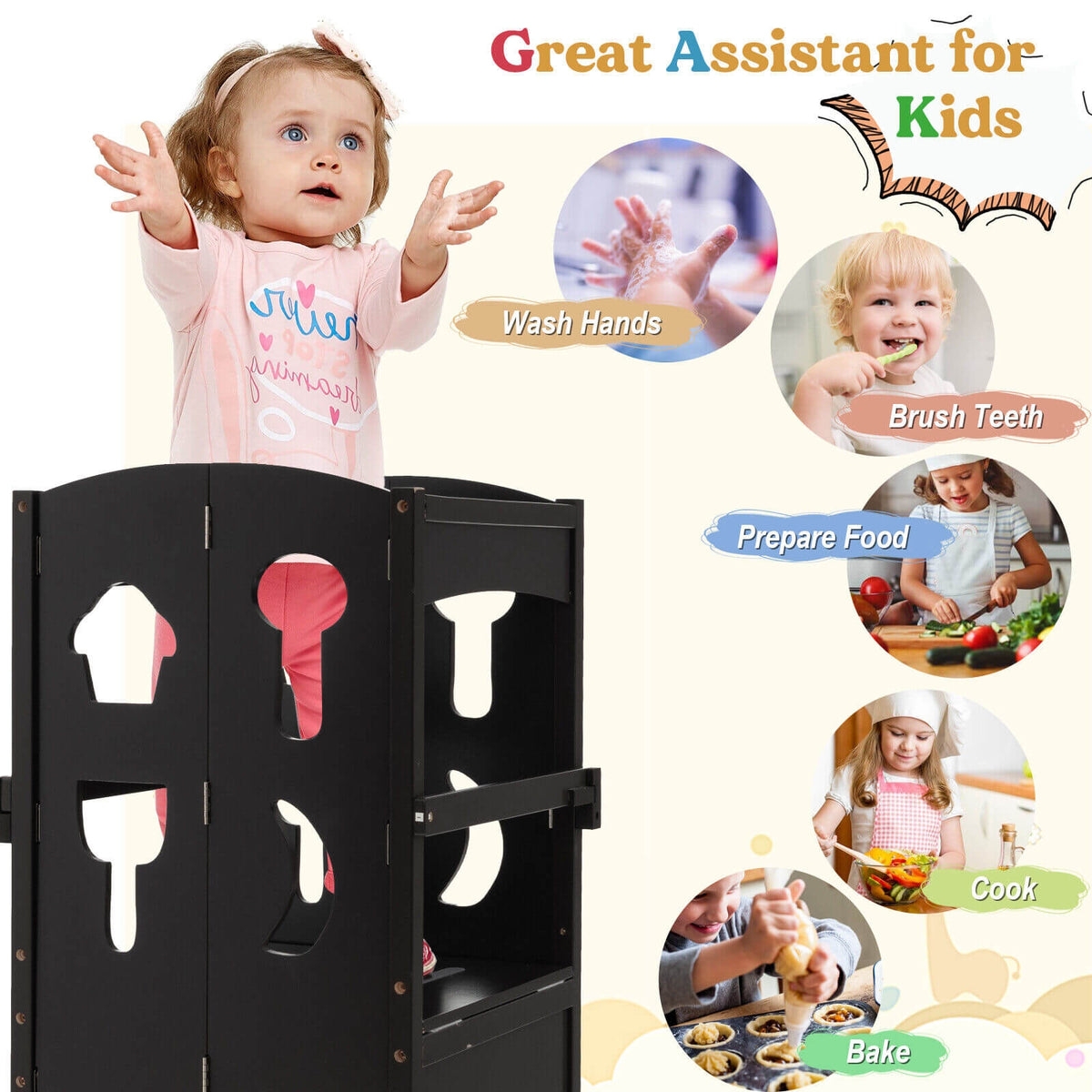 Folding Wooden Step Stool with Lockable Safety Rail for Toddler 3+-Coffee-Toddler & Kids Furniture-DECOROLALA