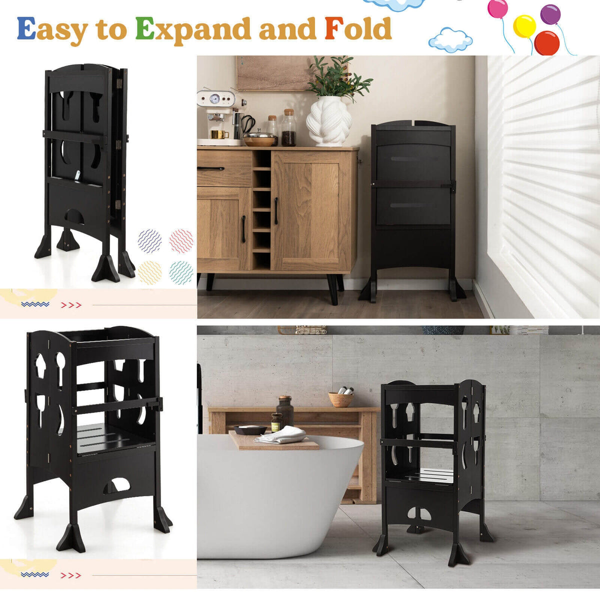 Folding Wooden Step Stool with Lockable Safety Rail for Toddler 3+-Coffee-Toddler & Kids Furniture-DECOROLALA