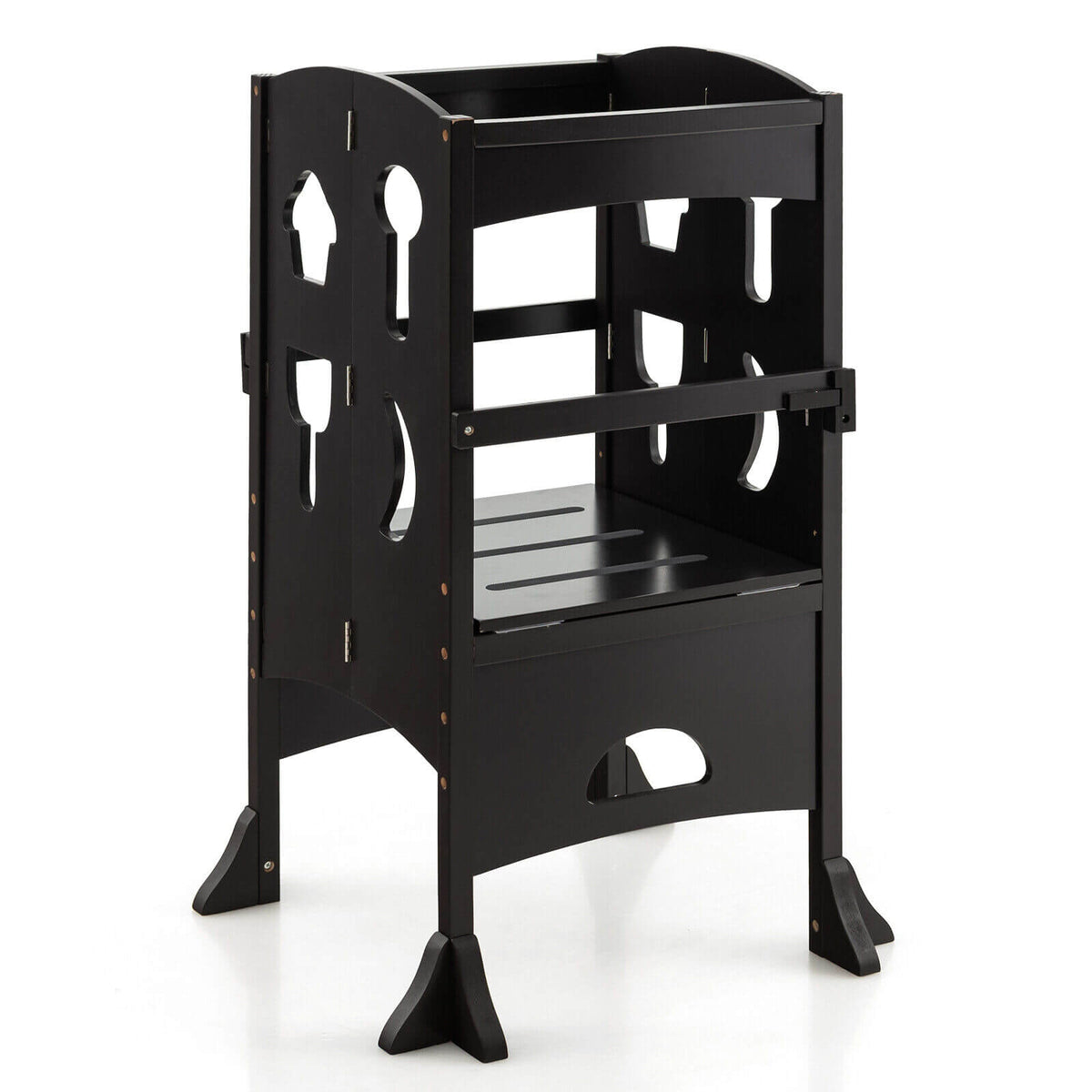 Folding Wooden Step Stool with Lockable Safety Rail for Toddler 3+-Coffee-Toddler & Kids Furniture-DECOROLALA