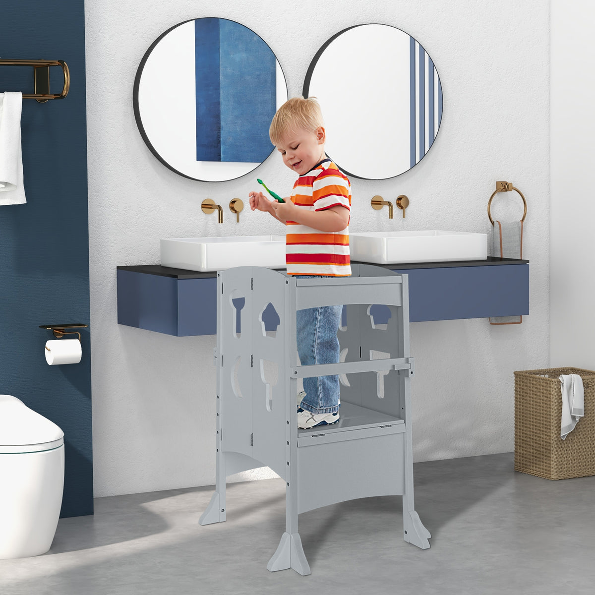 Folding Wooden Step Stool with Lockable Safety Rail for Toddler 3+-Gray-Toddler & Kids Furniture-DECOROLALA