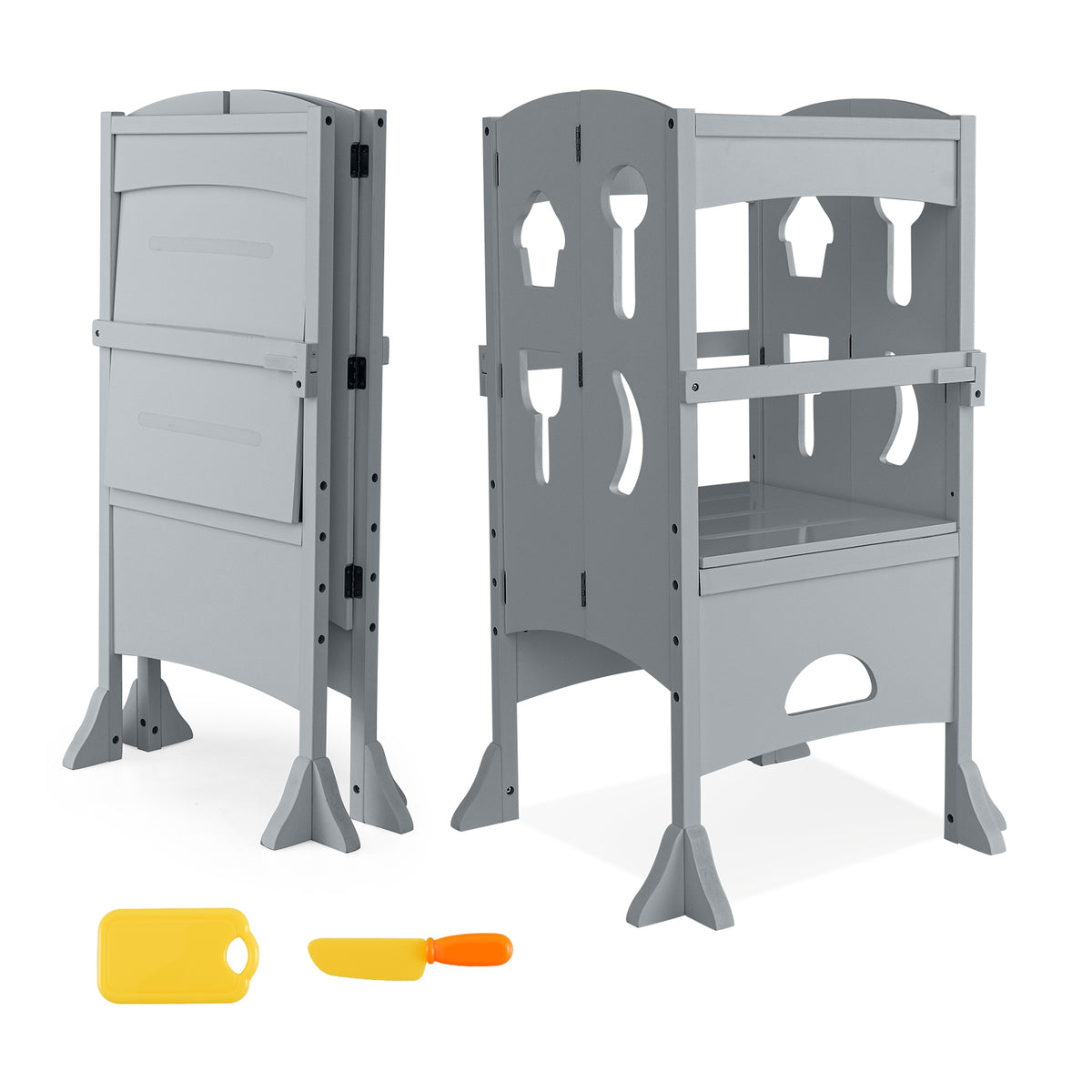 Folding Wooden Step Stool with Lockable Safety Rail for Toddler 3+-Gray-Toddler & Kids Furniture-DECOROLALA