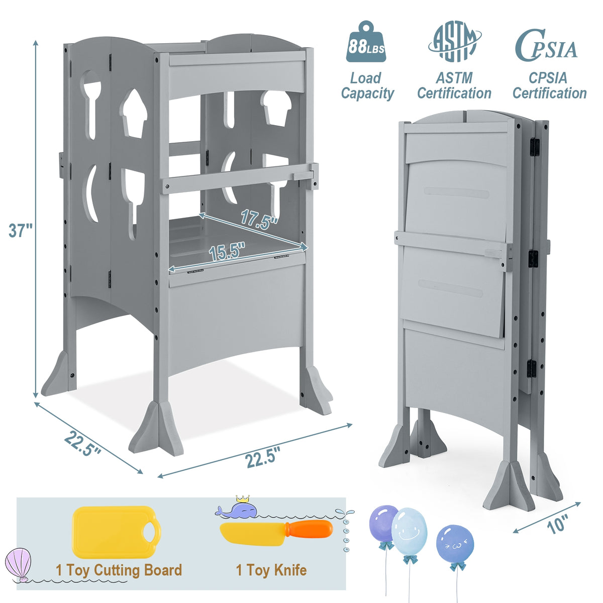 Folding Wooden Step Stool with Lockable Safety Rail for Toddler 3+-Gray-Toddler & Kids Furniture-DECOROLALA
