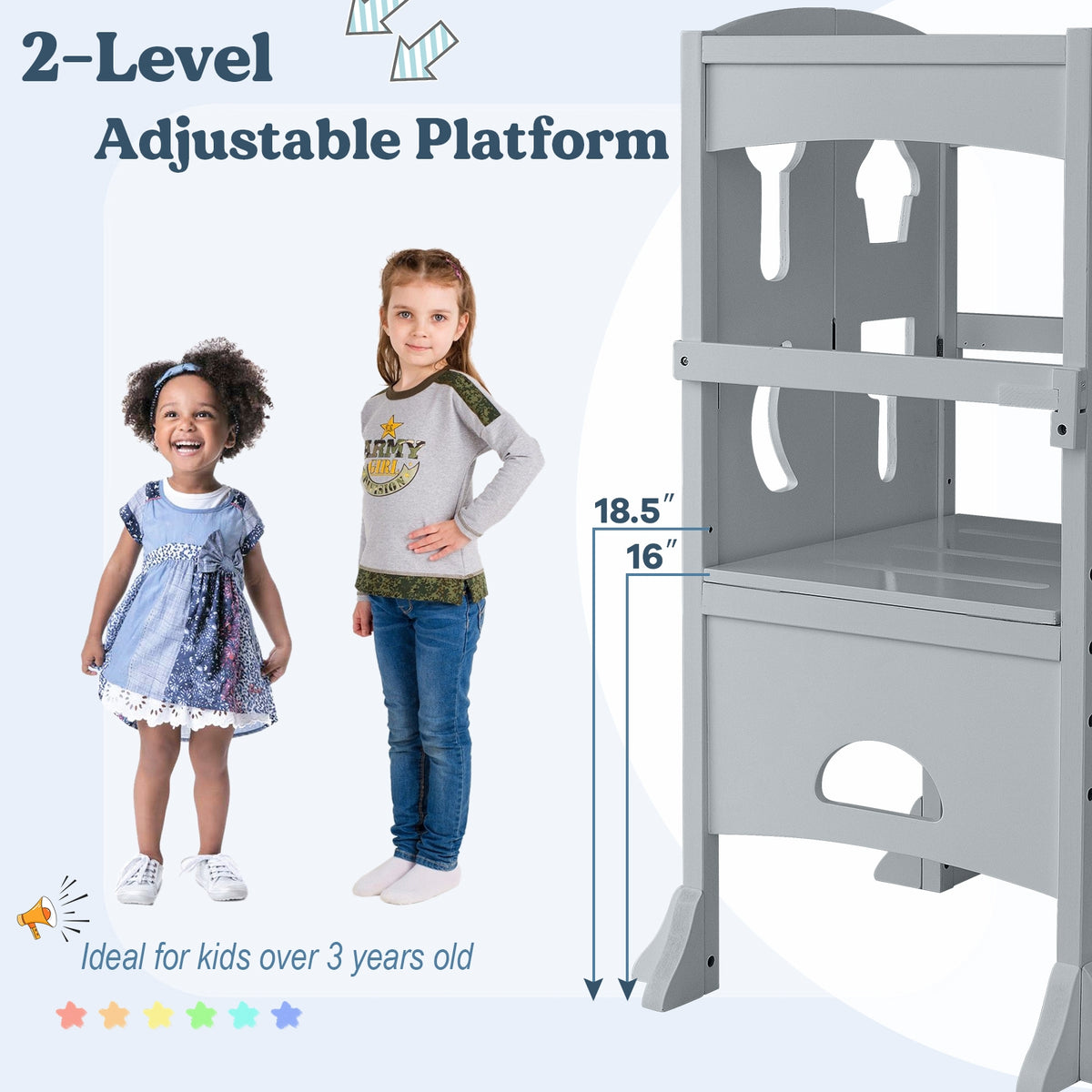 Folding Wooden Step Stool with Lockable Safety Rail for Toddler 3+-Gray-Toddler & Kids Furniture-DECOROLALA