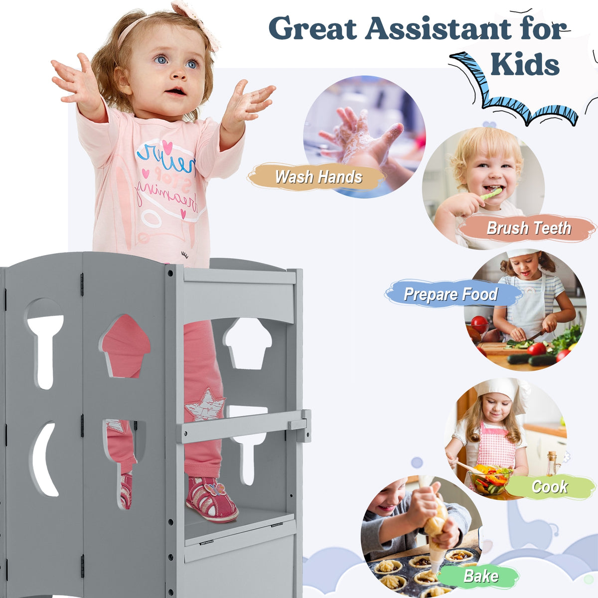 Folding Wooden Step Stool with Lockable Safety Rail for Toddler 3+-Gray-Toddler & Kids Furniture-DECOROLALA