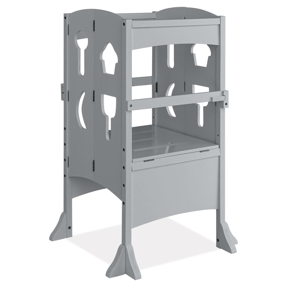 Folding Wooden Step Stool with Lockable Safety Rail for Toddler 3+-Gray-Toddler & Kids Furniture-DECOROLALA
