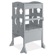 Folding Wooden Step Stool with Lockable Safety Rail for Toddler 3+-Gray-Toddler & Kids Furniture-DECOROLALA