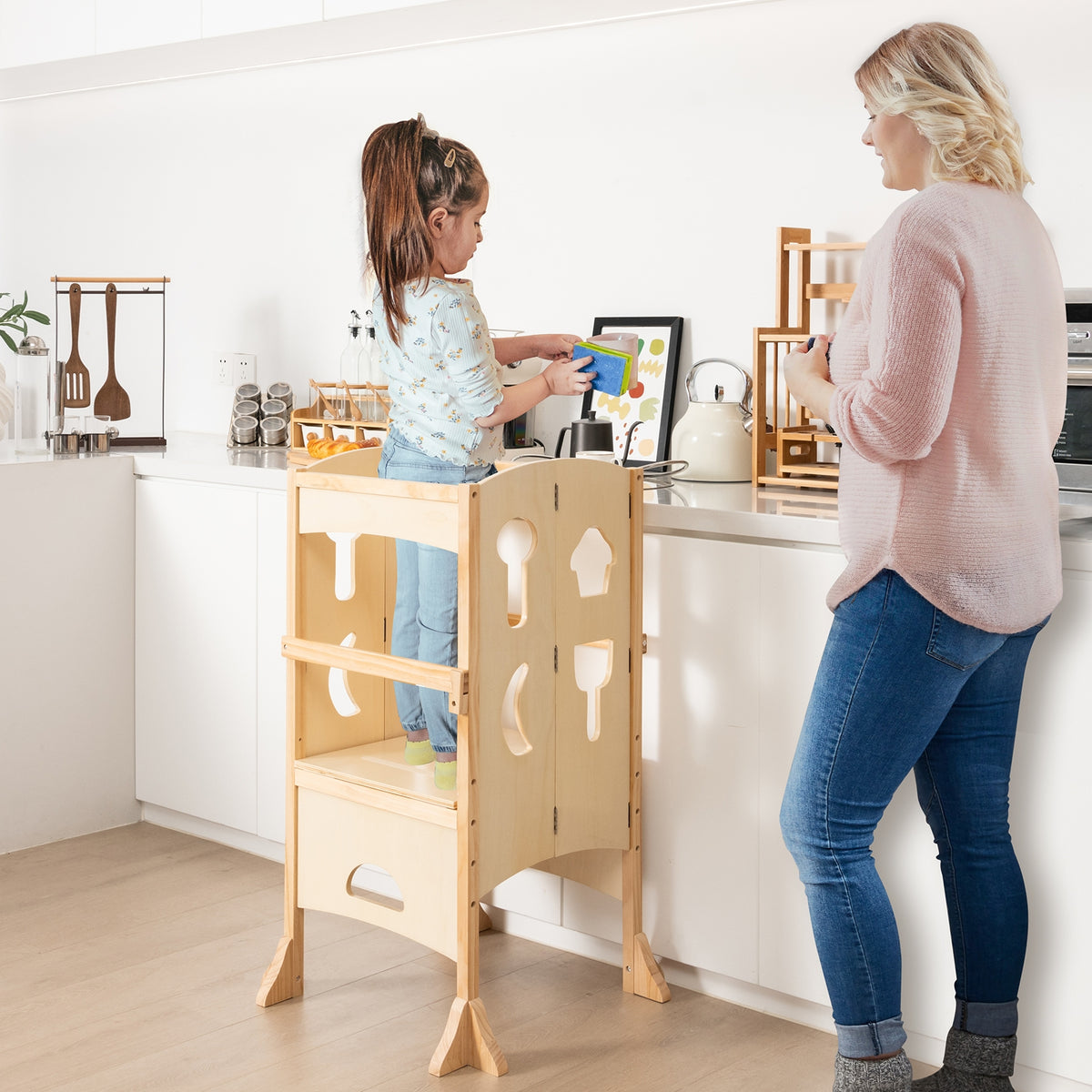 Folding Wooden Step Stool with Lockable Safety Rail for Toddler 3+-Natural-Toddler & Kids Furniture-DECOROLALA