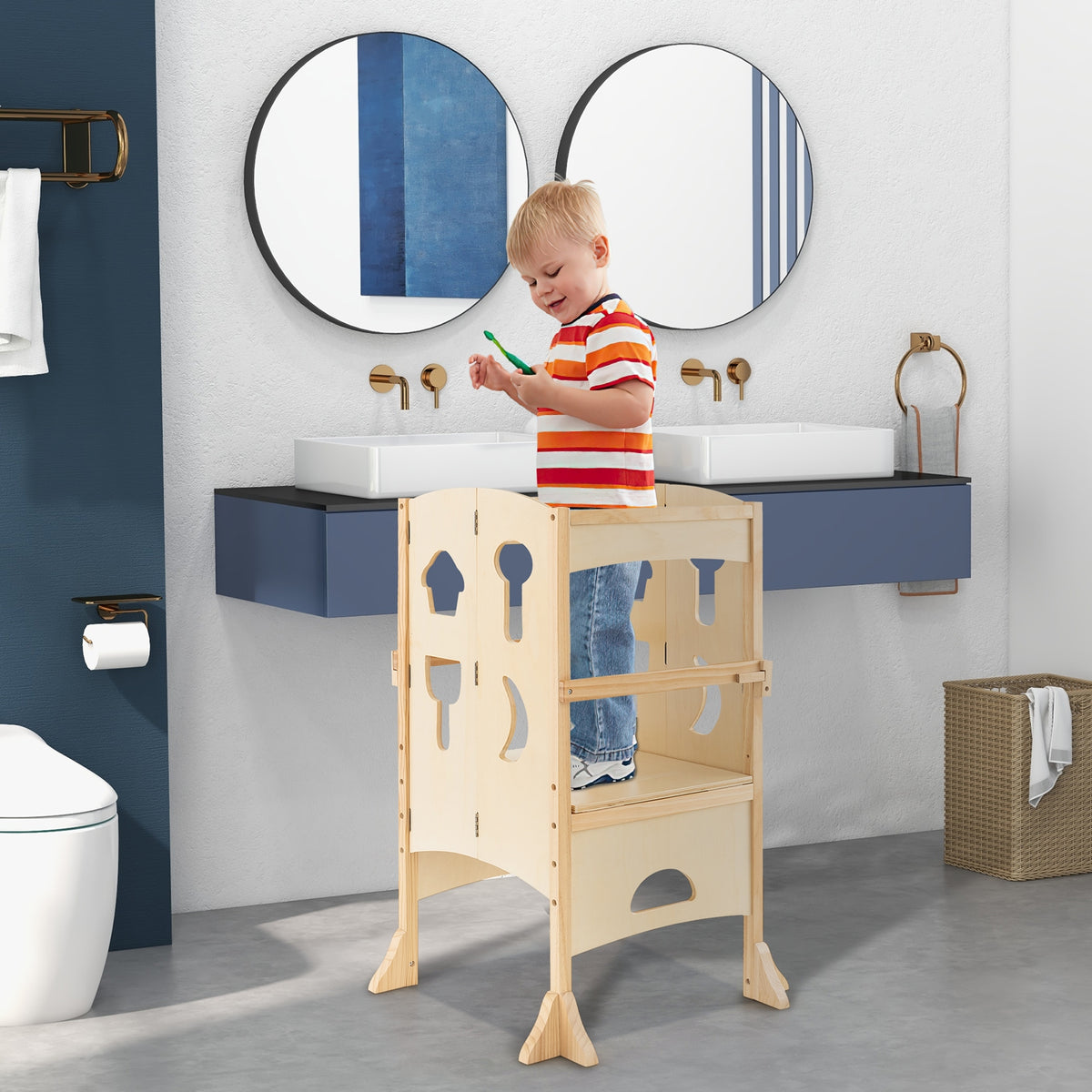 Folding Wooden Step Stool with Lockable Safety Rail for Toddler 3+-Natural-Toddler & Kids Furniture-DECOROLALA