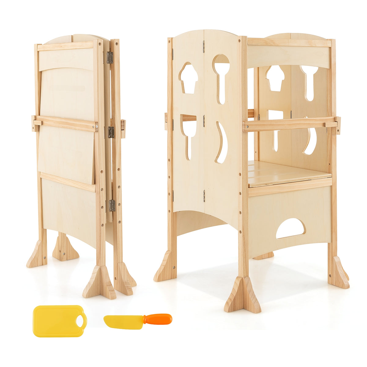 Folding Wooden Step Stool with Lockable Safety Rail for Toddler 3+-Natural-Toddler & Kids Furniture-DECOROLALA