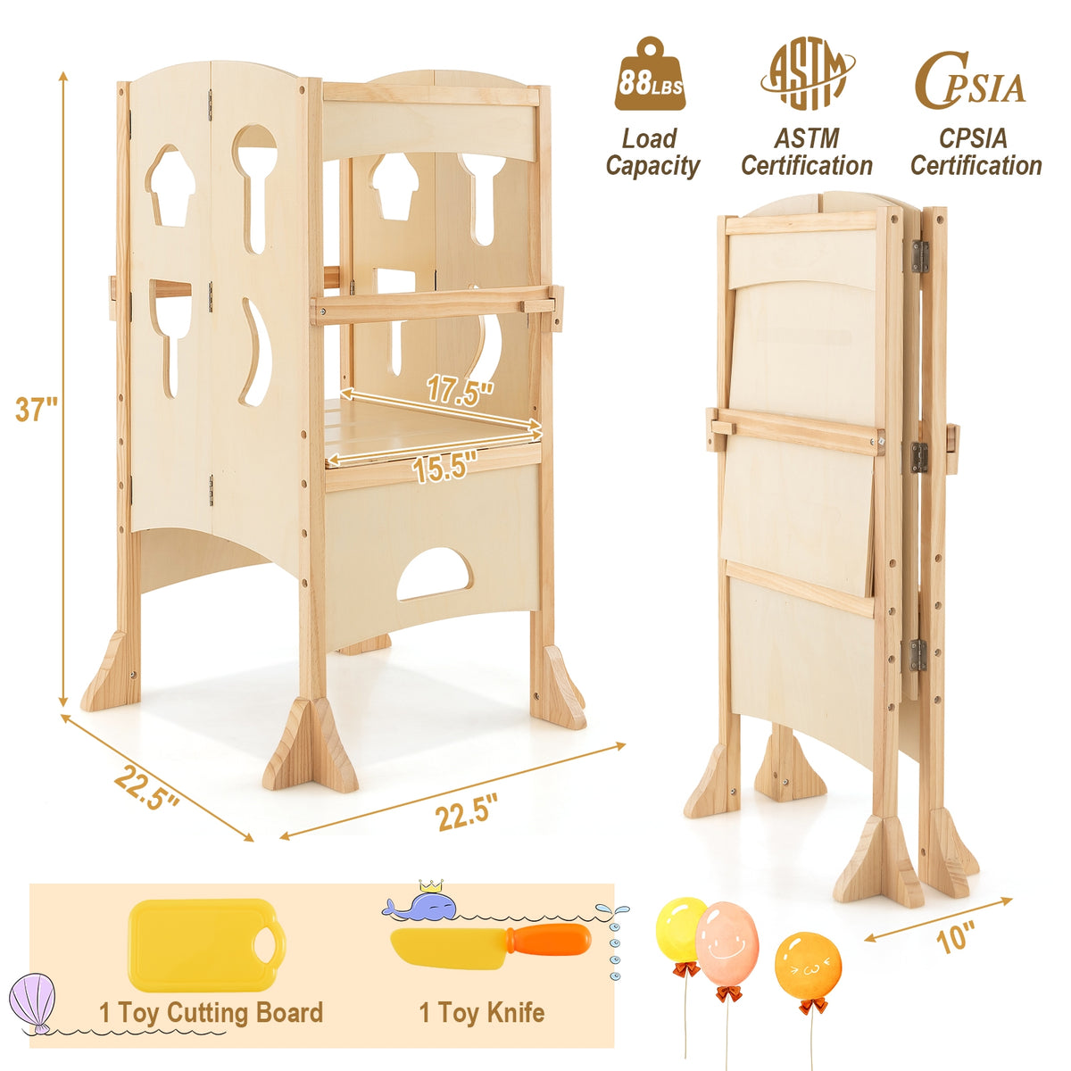 Folding Wooden Step Stool with Lockable Safety Rail for Toddler 3+-Natural-Toddler & Kids Furniture-DECOROLALA