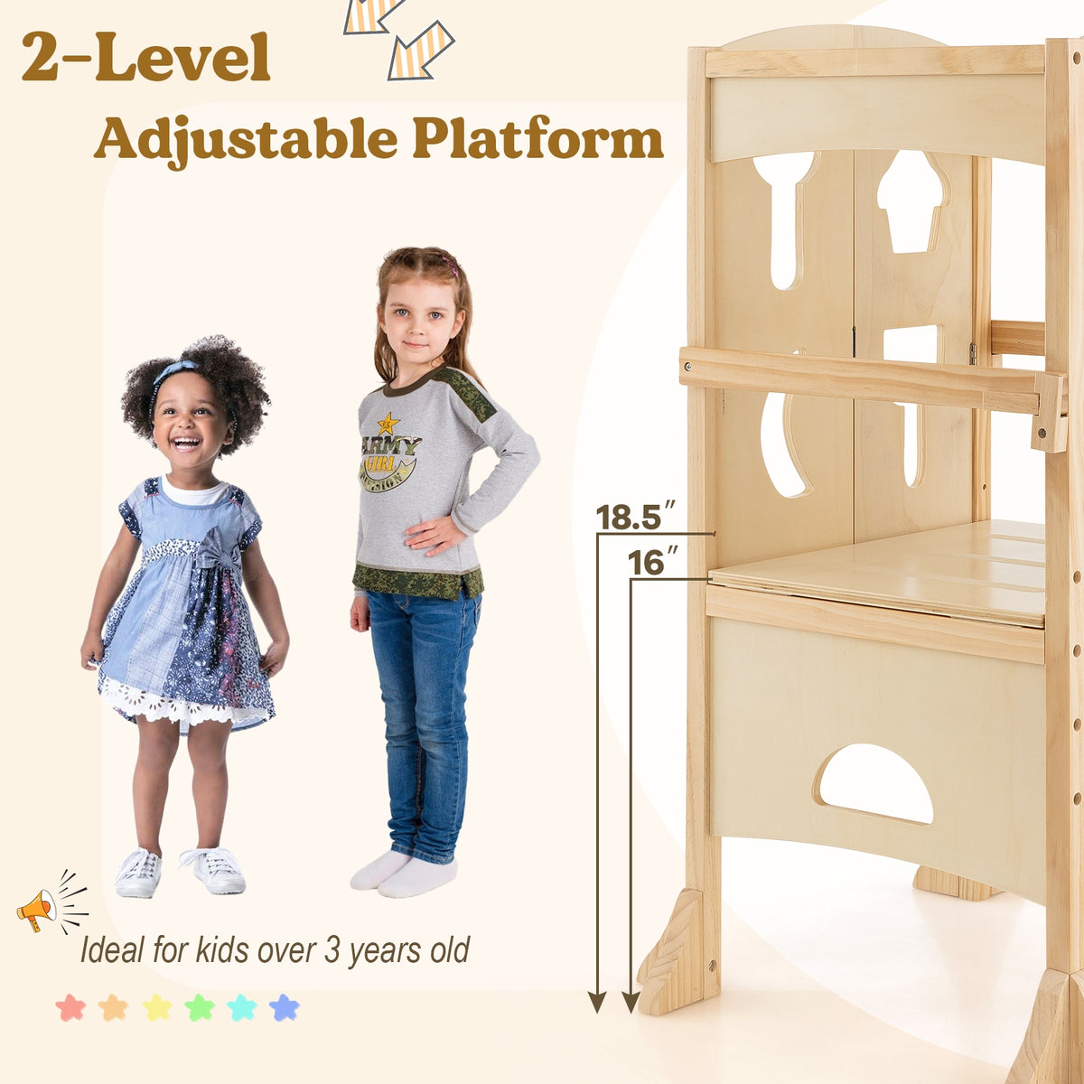 Folding Wooden Step Stool with Lockable Safety Rail for Toddler 3+-Natural-Toddler & Kids Furniture-DECOROLALA