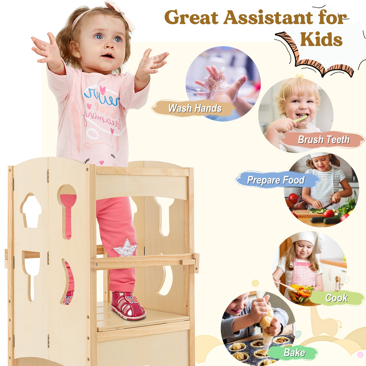 Folding Wooden Step Stool with Lockable Safety Rail for Toddler 3+-Natural-Toddler & Kids Furniture-DECOROLALA