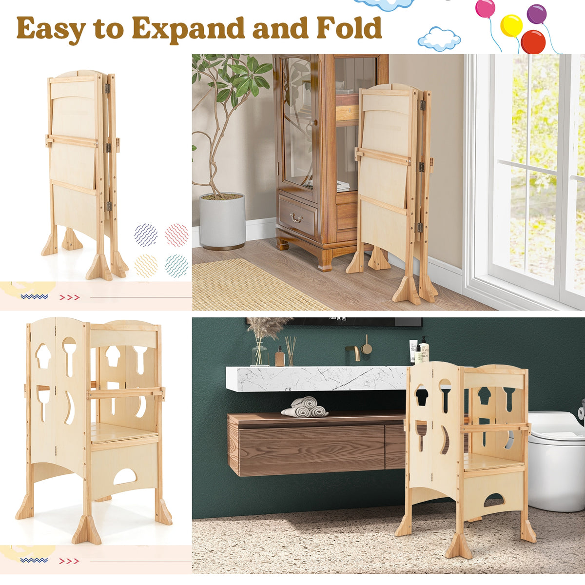 Folding Wooden Step Stool with Lockable Safety Rail for Toddler 3+-Natural-Toddler & Kids Furniture-DECOROLALA