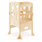 Folding Wooden Step Stool with Lockable Safety Rail for Toddler 3+-Natural-Toddler & Kids Furniture-DECOROLALA
