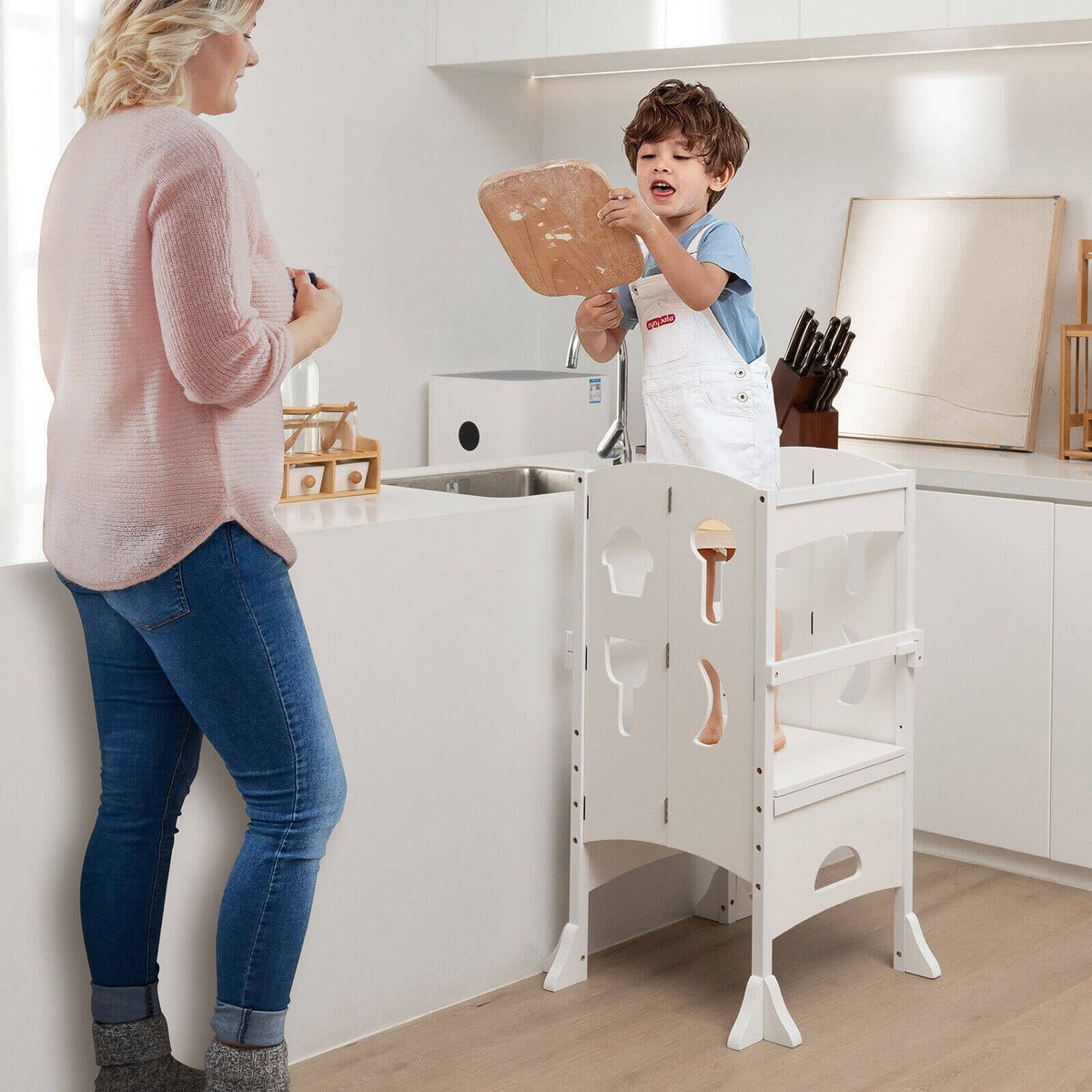 Folding Wooden Step Stool with Lockable Safety Rail for Toddler 3+-White-Toddler & Kids Furniture-DECOROLALA