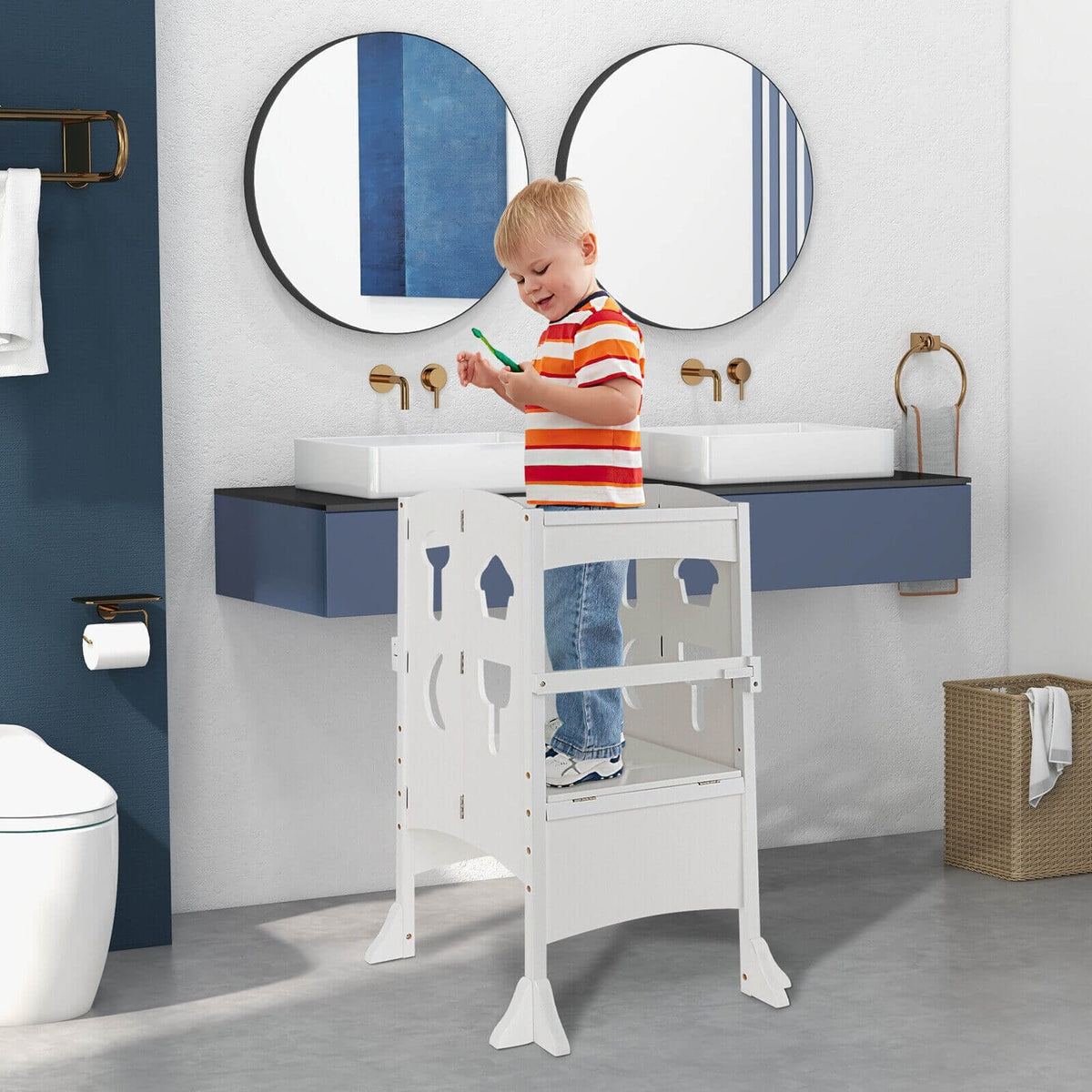 Folding Wooden Step Stool with Lockable Safety Rail for Toddler 3+-White-Toddler & Kids Furniture-DECOROLALA