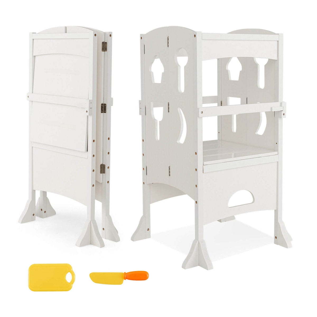 Folding Wooden Step Stool with Lockable Safety Rail for Toddler 3+-White-Toddler & Kids Furniture-DECOROLALA