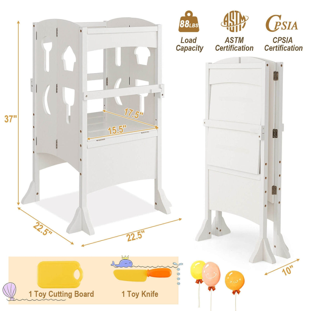 Folding Wooden Step Stool with Lockable Safety Rail for Toddler 3+-White-Toddler & Kids Furniture-DECOROLALA