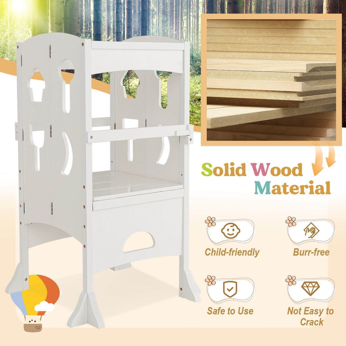 Folding Wooden Step Stool with Lockable Safety Rail for Toddler 3+-White-Toddler & Kids Furniture-DECOROLALA