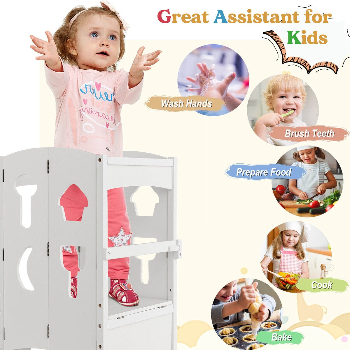 Folding Wooden Step Stool with Lockable Safety Rail for Toddler 3+-White-Toddler & Kids Furniture-DECOROLALA