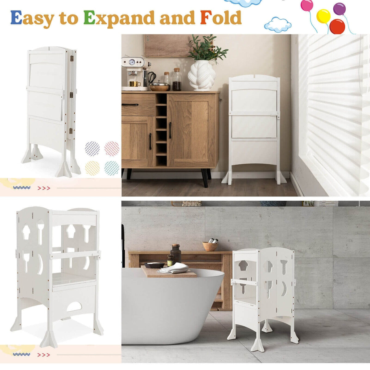 Folding Wooden Step Stool with Lockable Safety Rail for Toddler 3+-White-Toddler & Kids Furniture-DECOROLALA