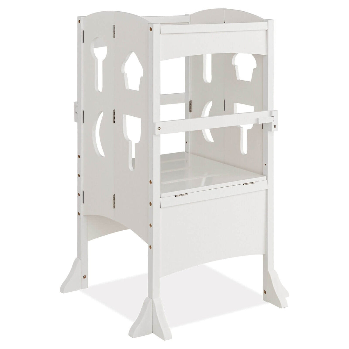 Folding Wooden Step Stool with Lockable Safety Rail for Toddler 3+-White-Toddler & Kids Furniture-DECOROLALA