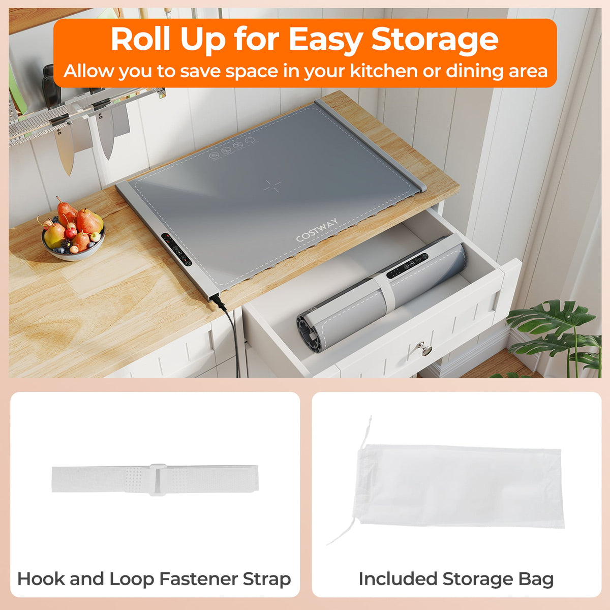 Food Warming Mat Rollable and Portable Electric Warming Tray with Fasting Heating-Gray-Food Warmers & Burners-DECOROLALA