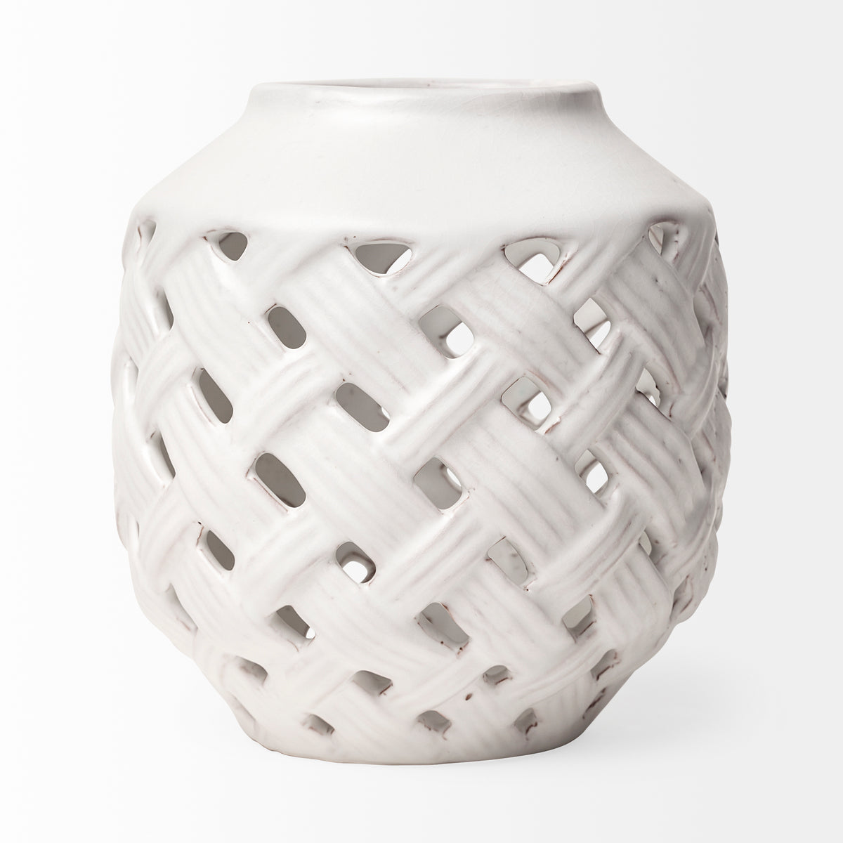 Forillon I Short White Glazed Lattice Pattern Vase-Vase-DECOROLALA