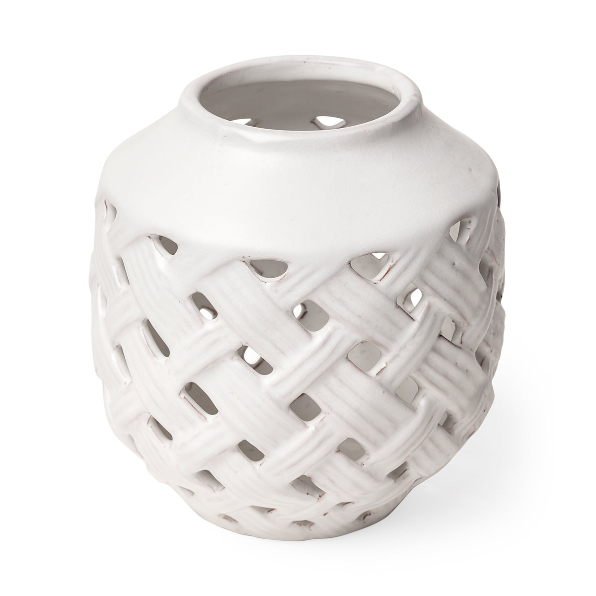 Forillon I Short White Glazed Lattice Pattern Vase-Vase-DECOROLALA