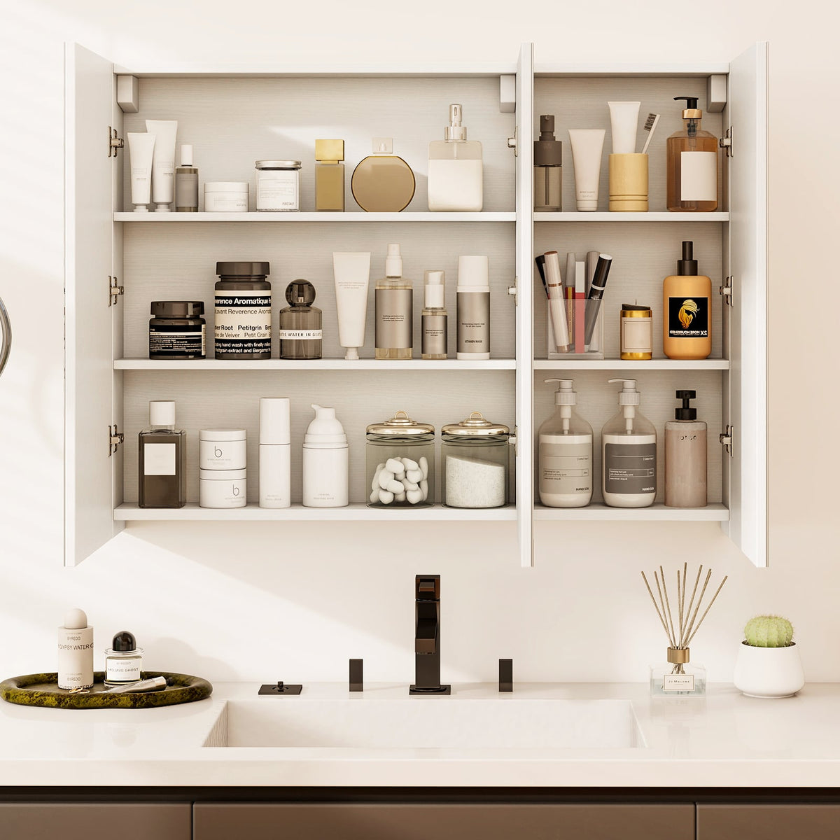 Frameless Bathroom Wall Mounted Mirror Cabinet with 3 Doors-Wall Cabinets-DECOROLALA