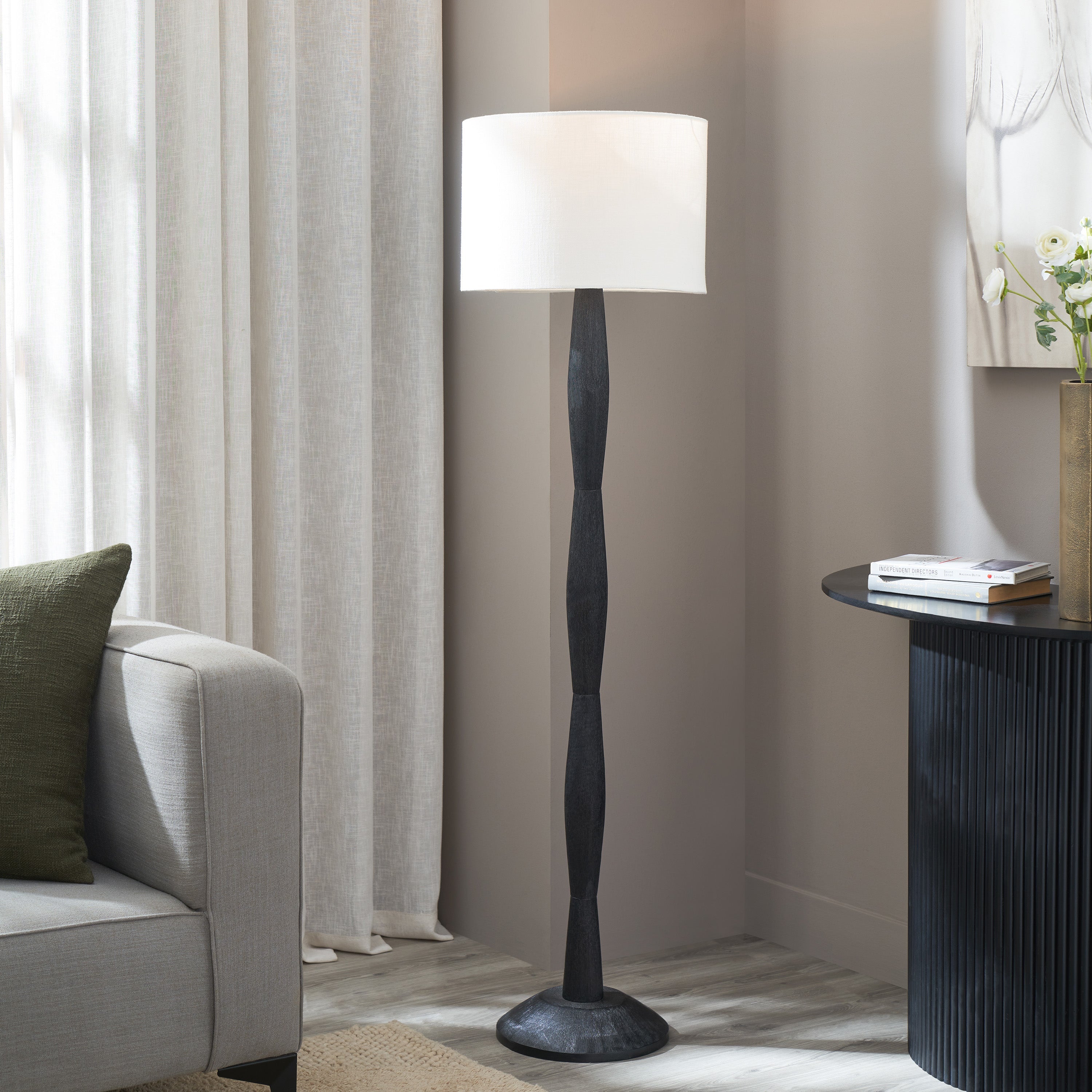 Francine 60" Floor Lamp with Mango Wood, Black-Floor Lamp-DECOROLALA