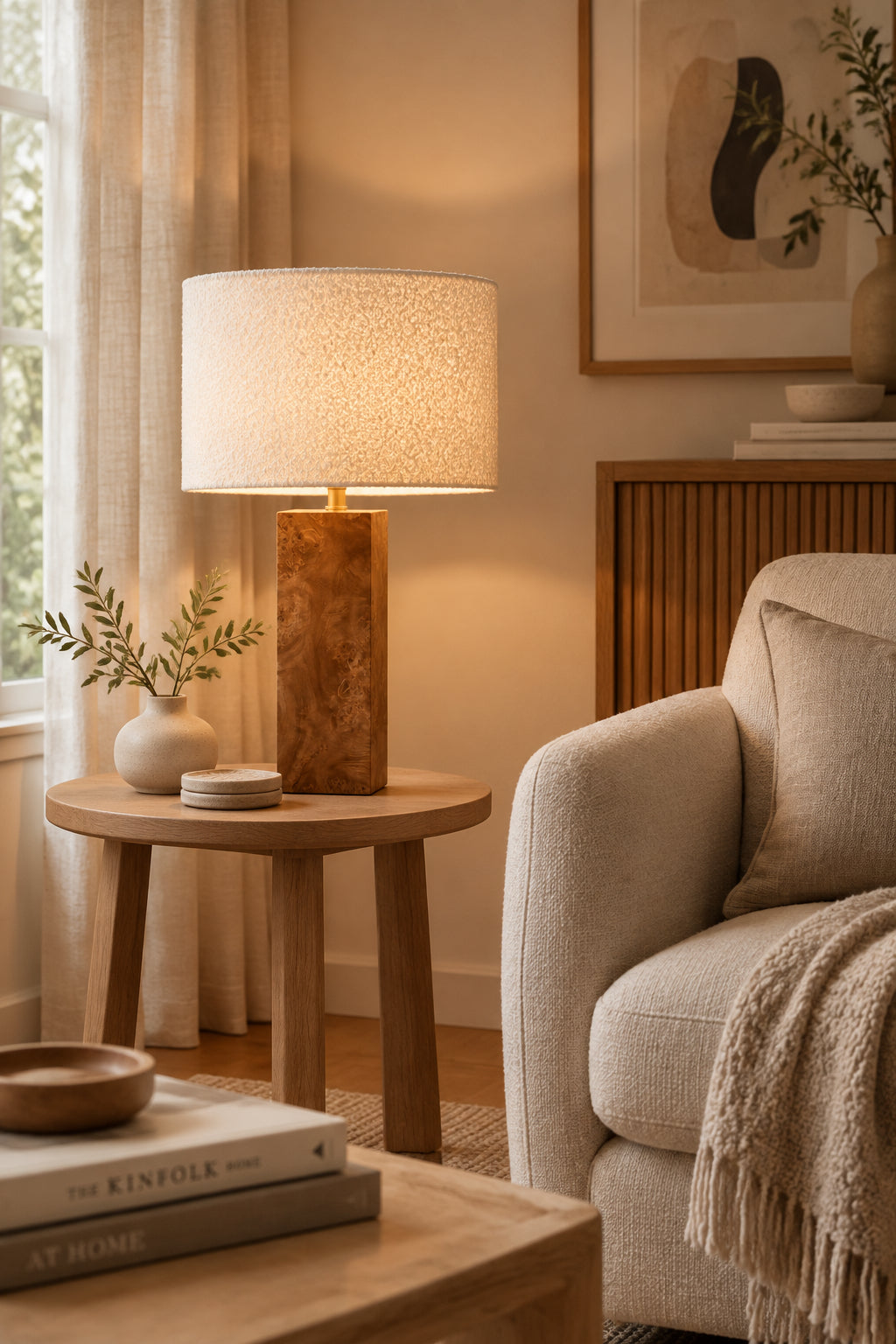 Frederick Table Lamp - White Boucle Shade Wood Base-Lighting-DECOROLALA