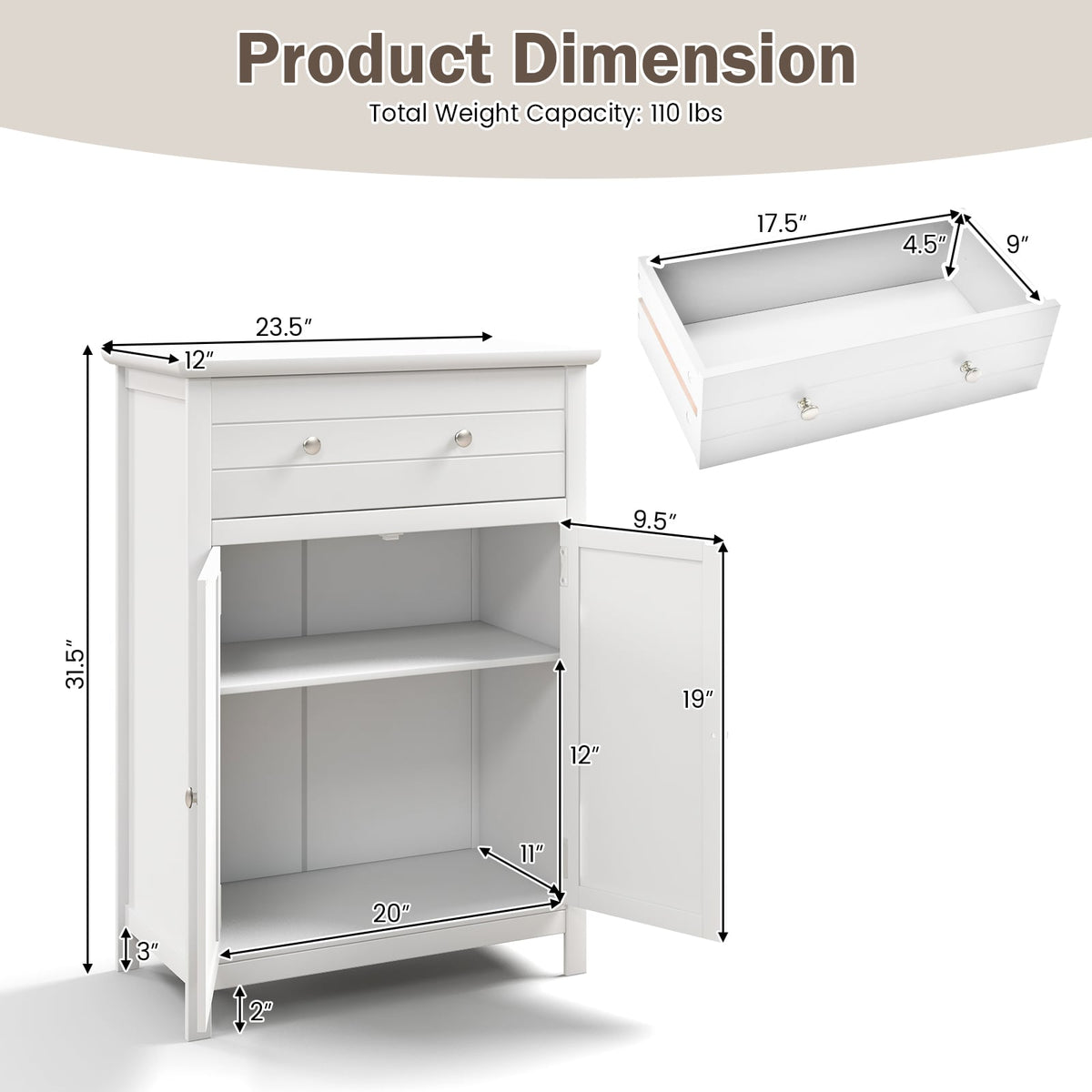 Free Standing Bathroom Storage Cabinet with Large Drawer-Floor Cabinets-DECOROLALA
