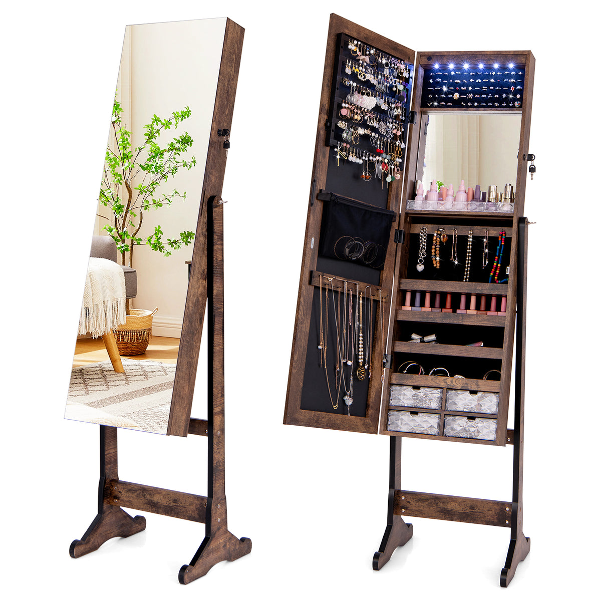 Free Standing Full Length Jewelry Armoire with Lights-Rustic Brown-Jewelry Armoires-DECOROLALA