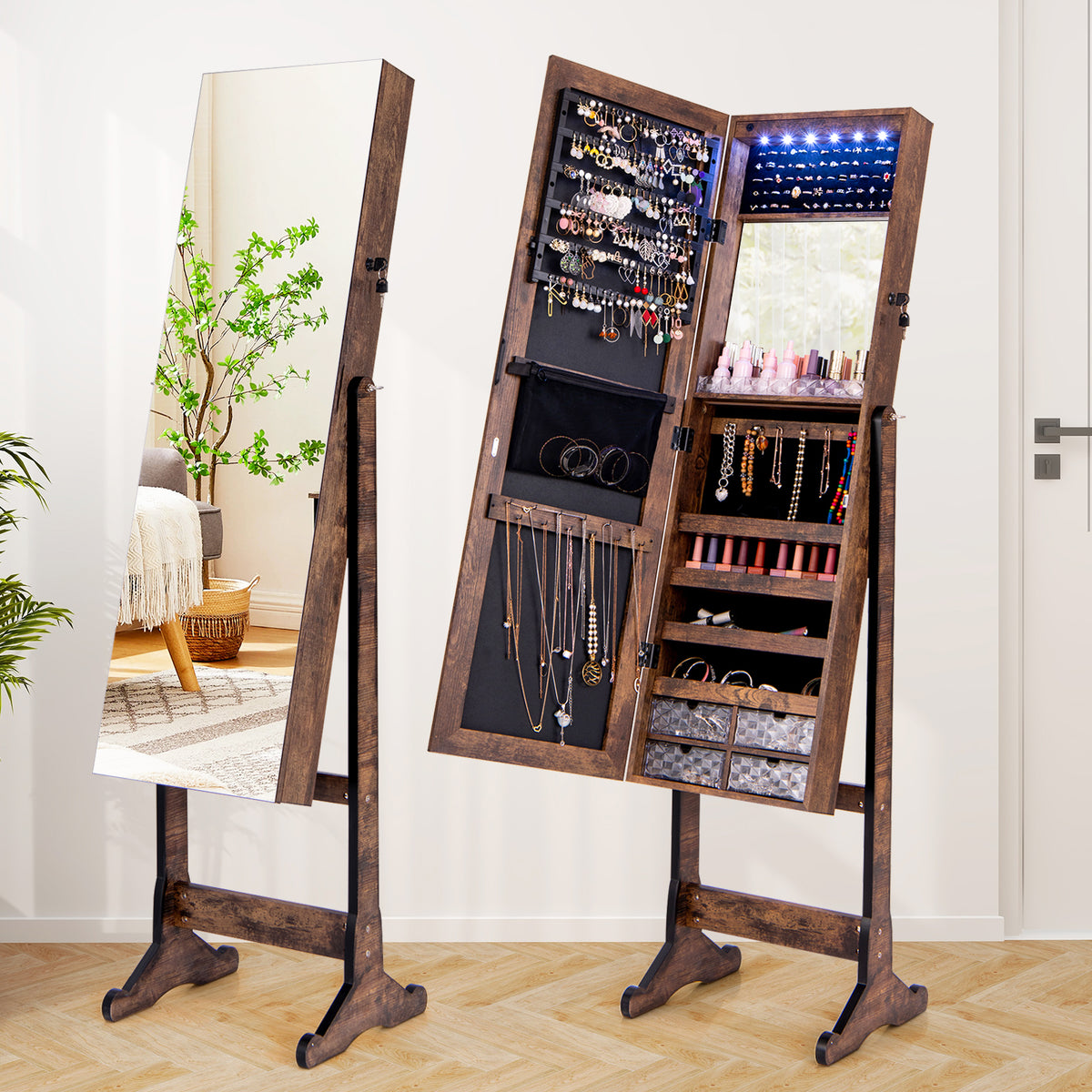 Free Standing Full Length Jewelry Armoire with Lights-Rustic Brown-Jewelry Armoires-DECOROLALA